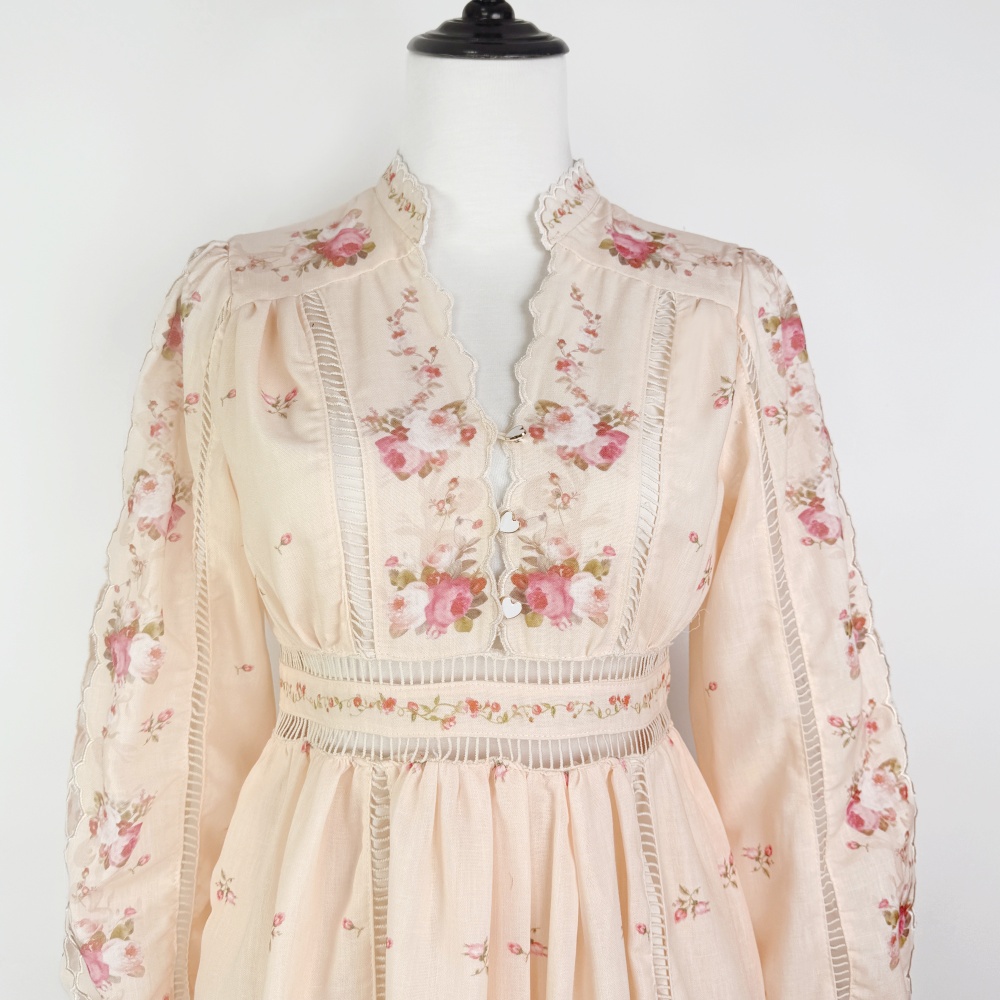 Big skirt retro high waist long dress hollow printing dress