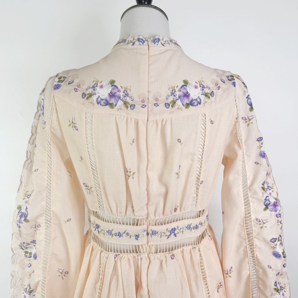 Big skirt retro high waist long dress hollow printing dress