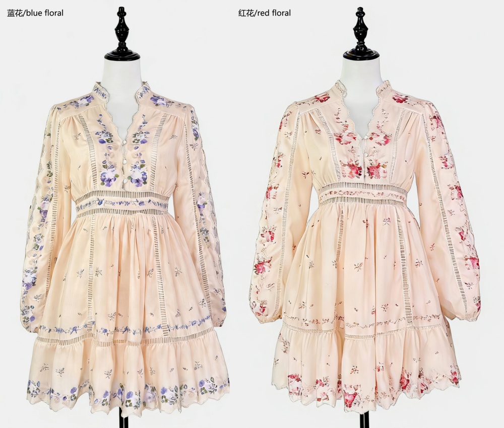 Hollow pinched waist printing T-back long sleeve lace dress