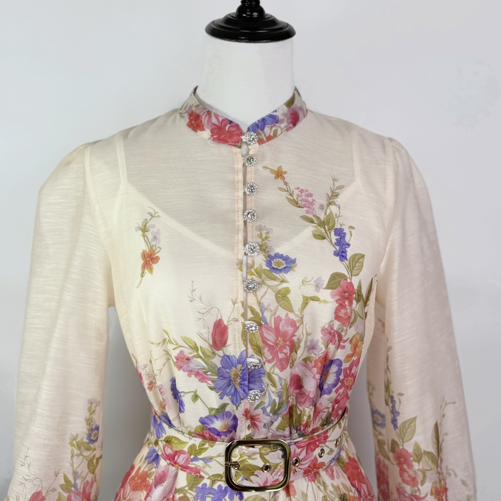 Cstand collar lantern sleeve formal dress elegant dress