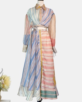 Lapel stripe skirt short long skirt a set