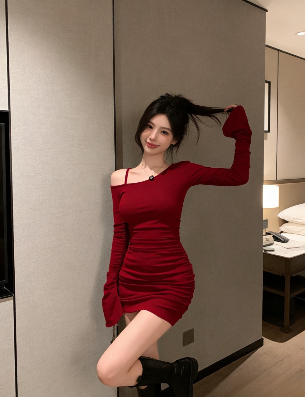 Package hip fold sexy red long sleeve dress for women