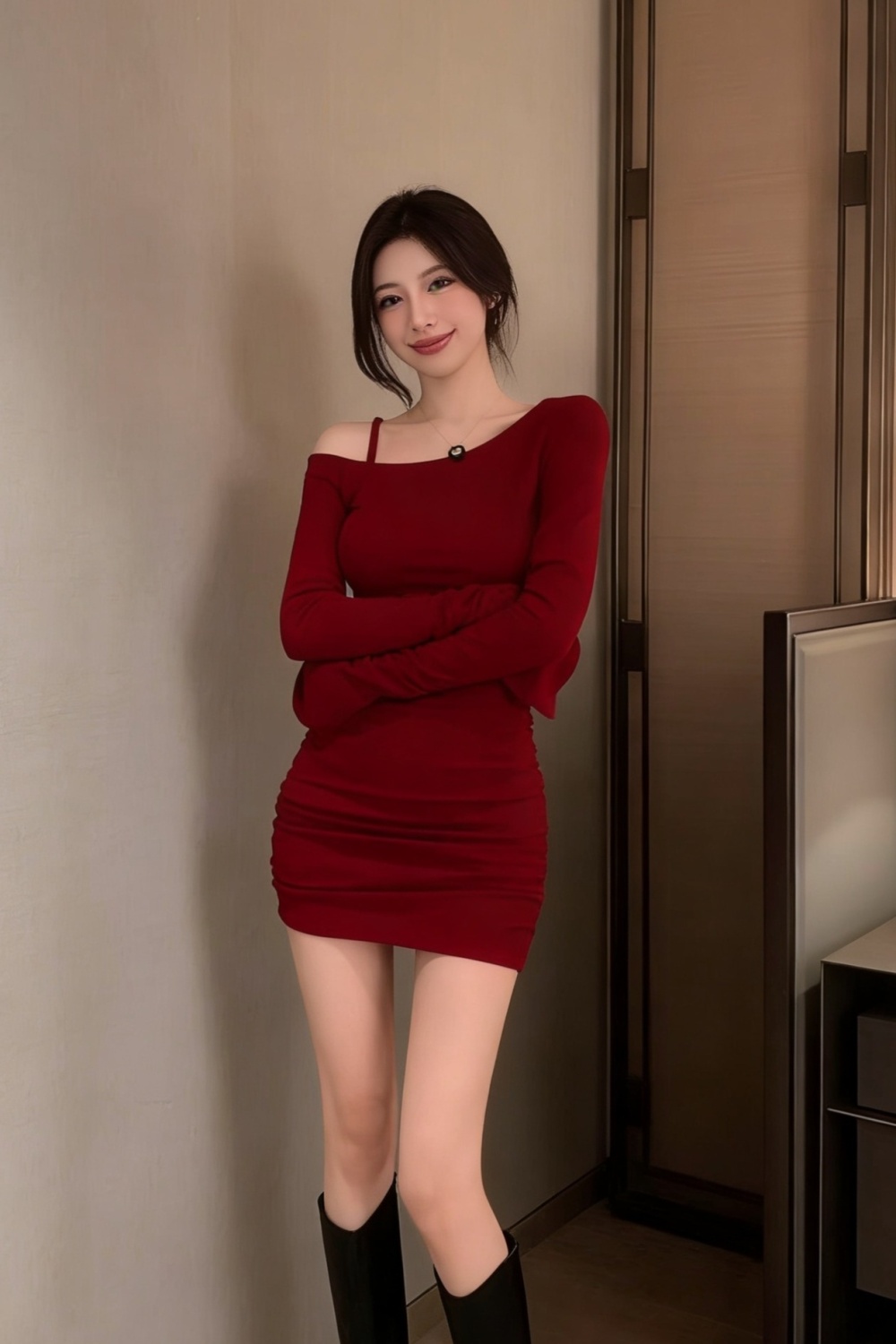 Package hip fold sexy red long sleeve dress for women
