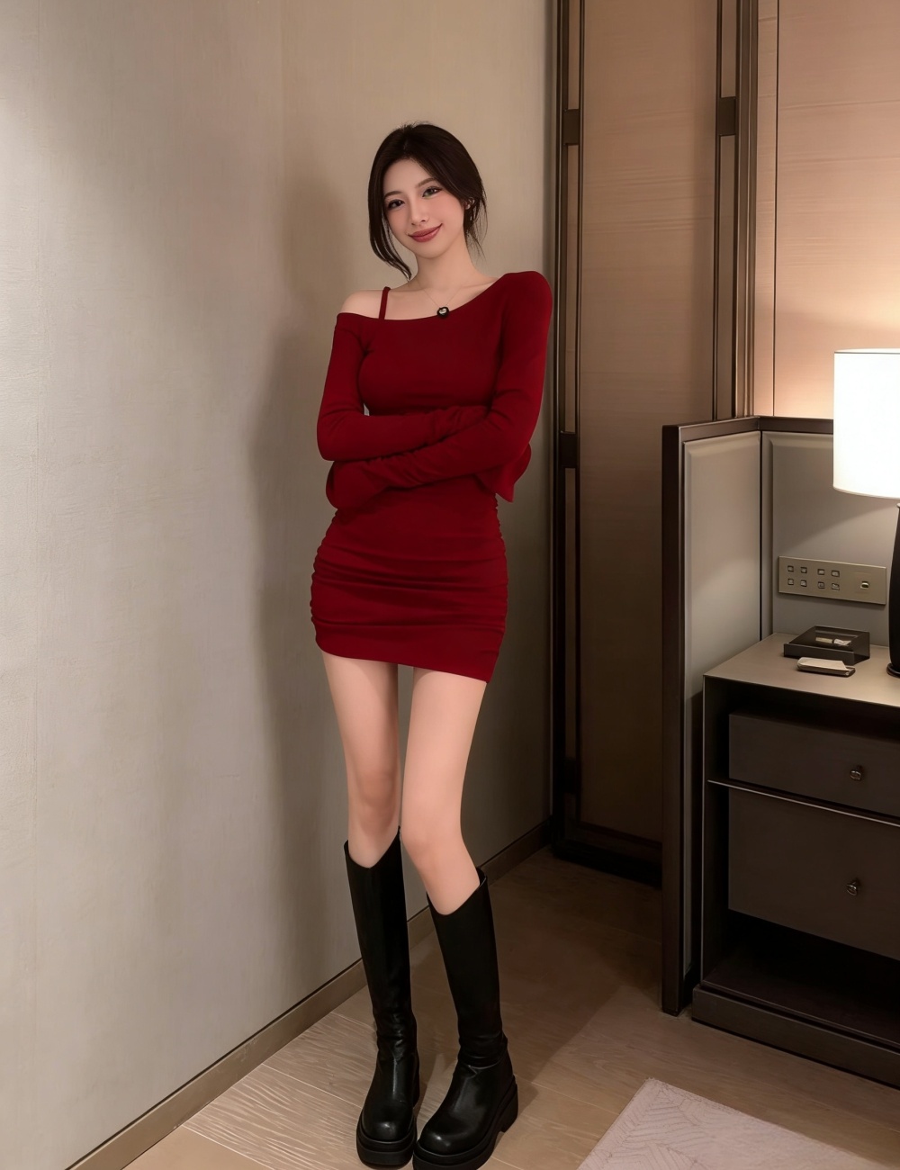 Package hip fold sexy red long sleeve dress for women