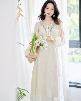 V-neck France style dress beading embroidered long dress