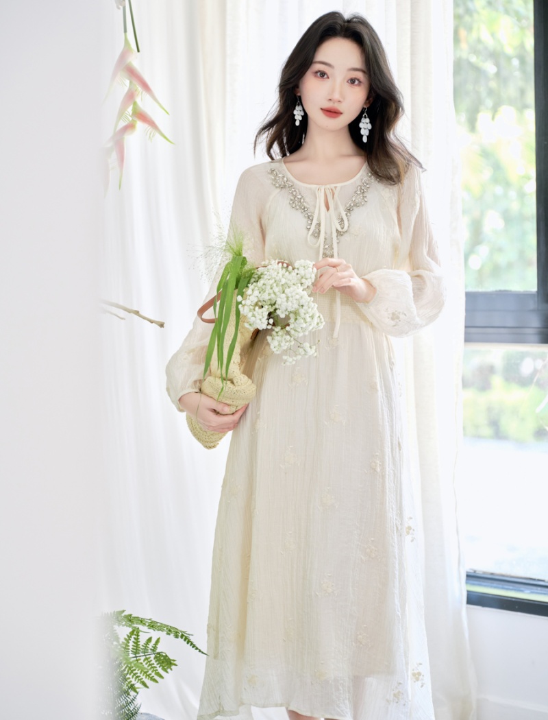 V-neck France style dress beading embroidered long dress