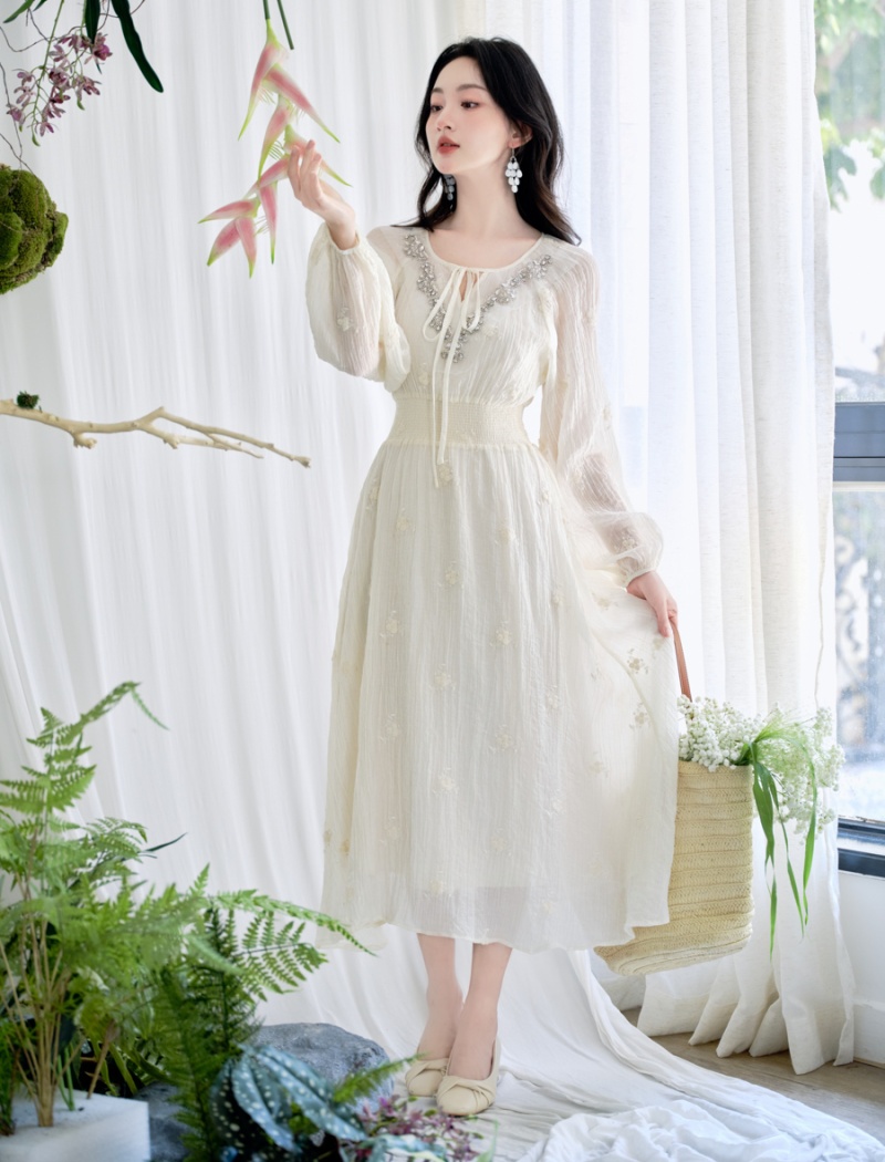 V-neck France style dress beading embroidered long dress