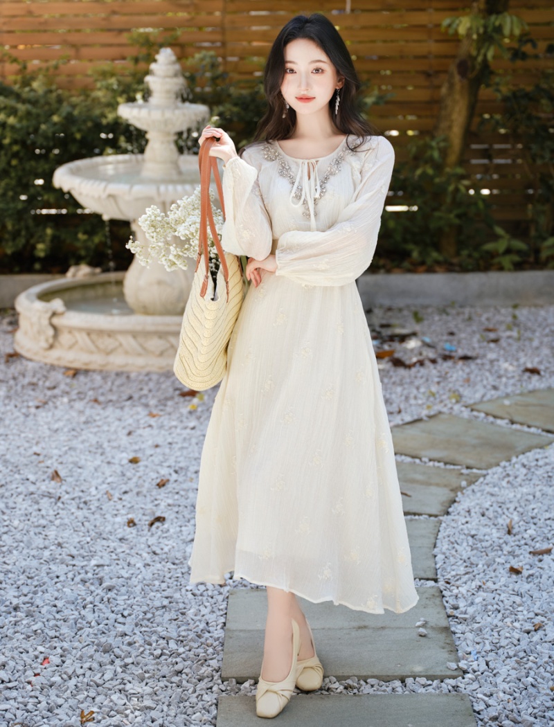 V-neck France style dress beading embroidered long dress