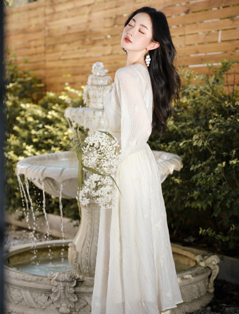 V-neck France style dress beading embroidered long dress