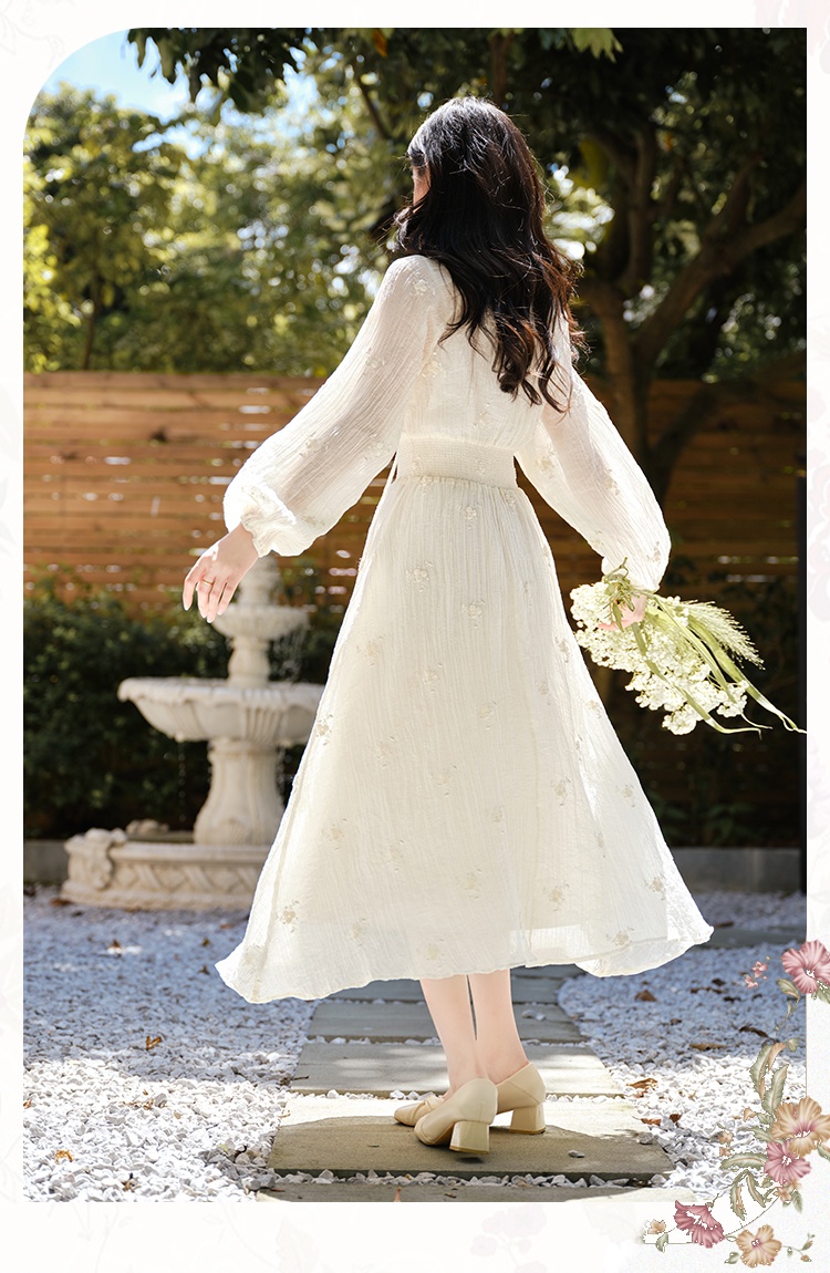 V-neck France style dress beading embroidered long dress