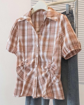 Plaid large yard tops slim lapel shirt for women