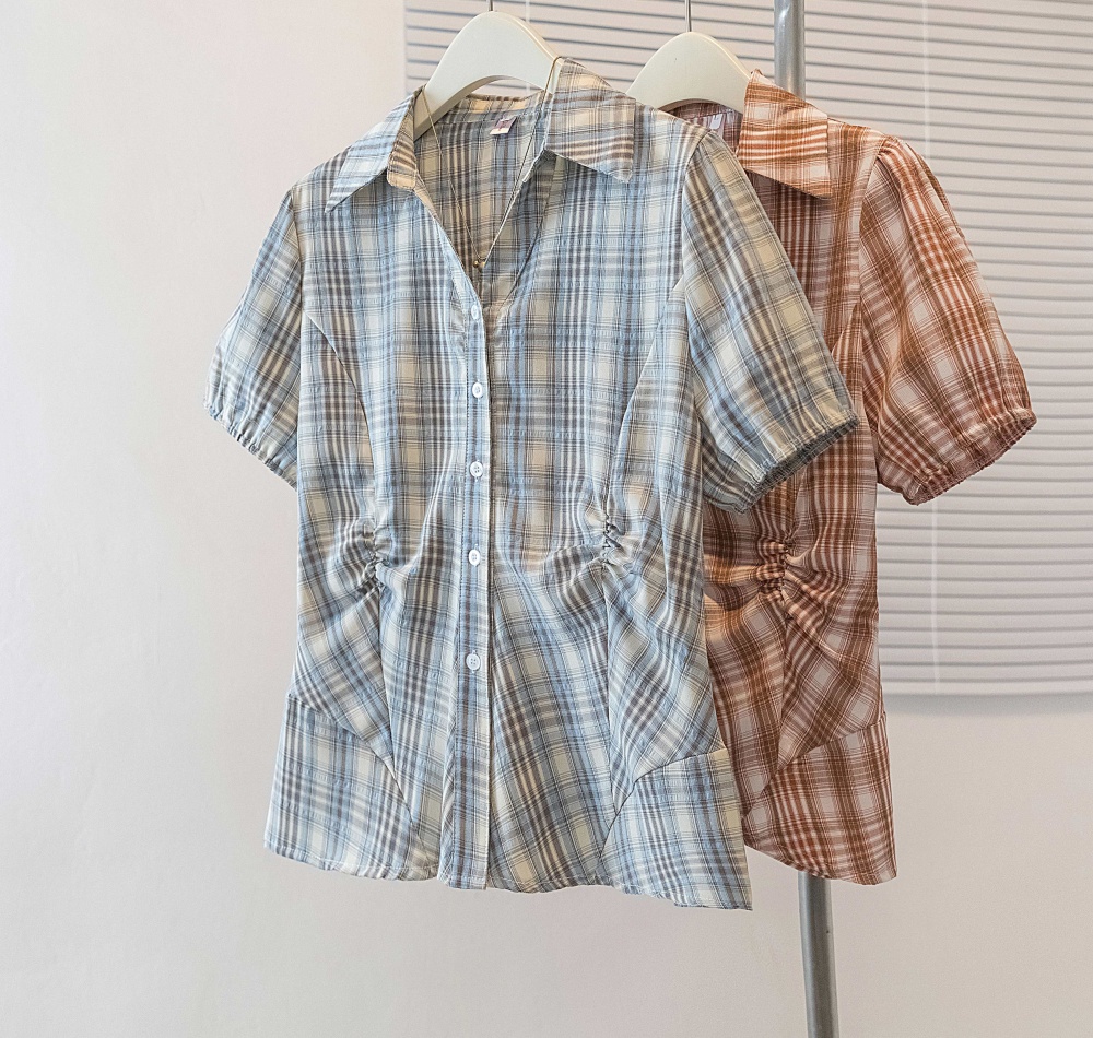 Plaid large yard tops slim lapel shirt for women