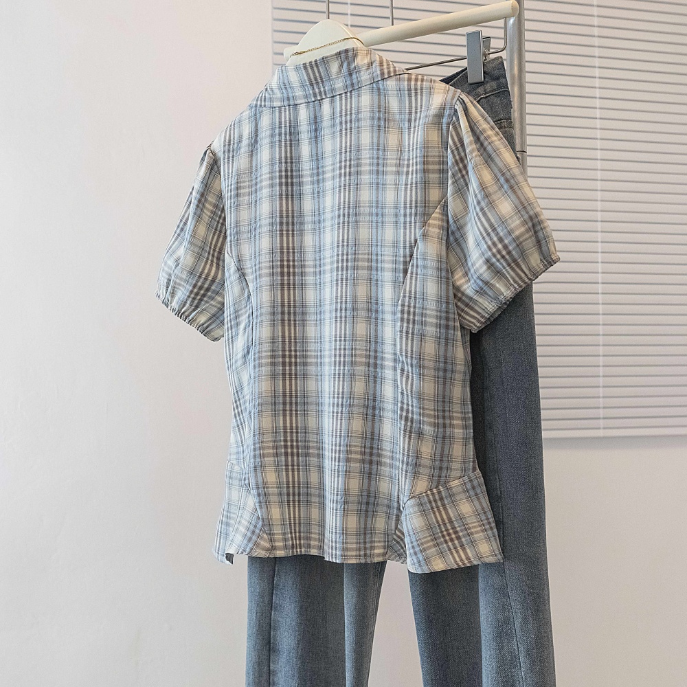 Plaid large yard tops slim lapel shirt for women