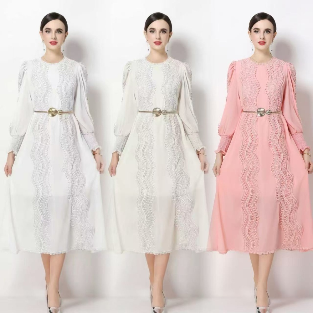 Round neck ladies France style embroidery spring retro dress