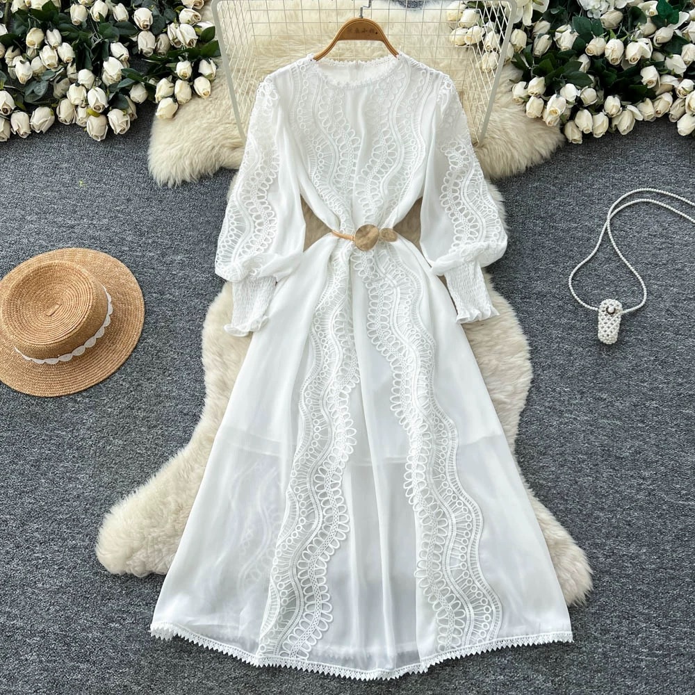 Round neck ladies France style embroidery spring retro dress