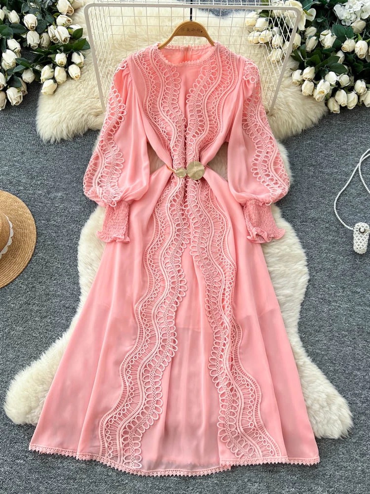 Round neck ladies France style embroidery spring retro dress