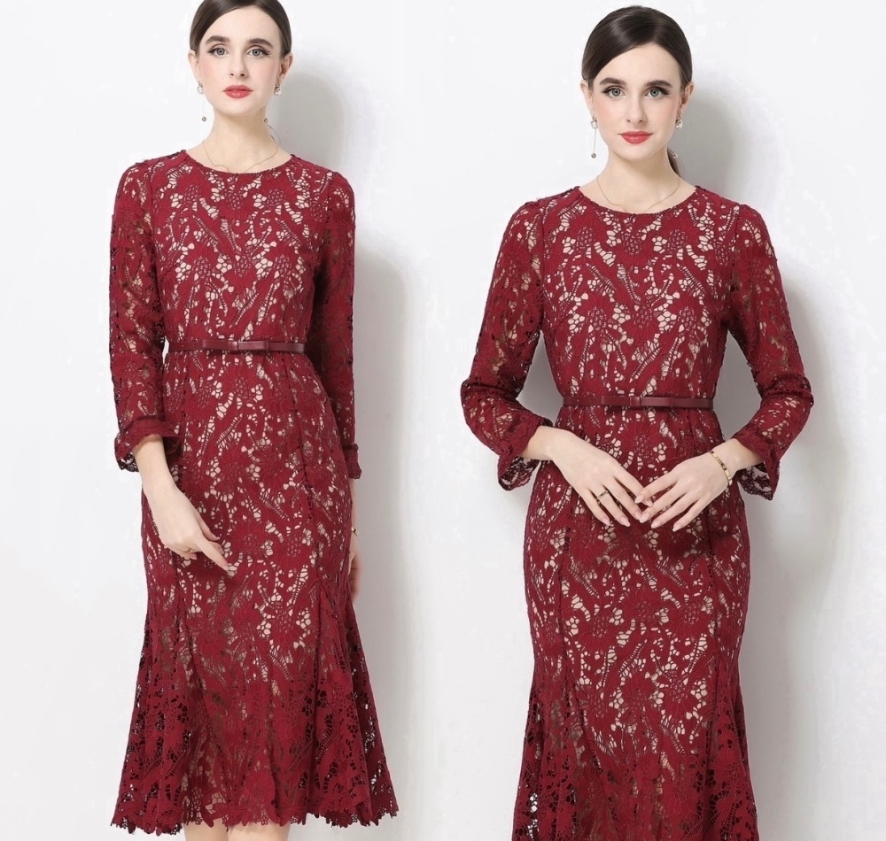 Pinched waist spring long dress lace dress for women