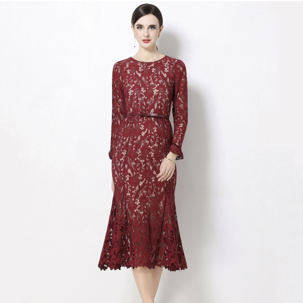 Pinched waist spring long dress lace dress for women
