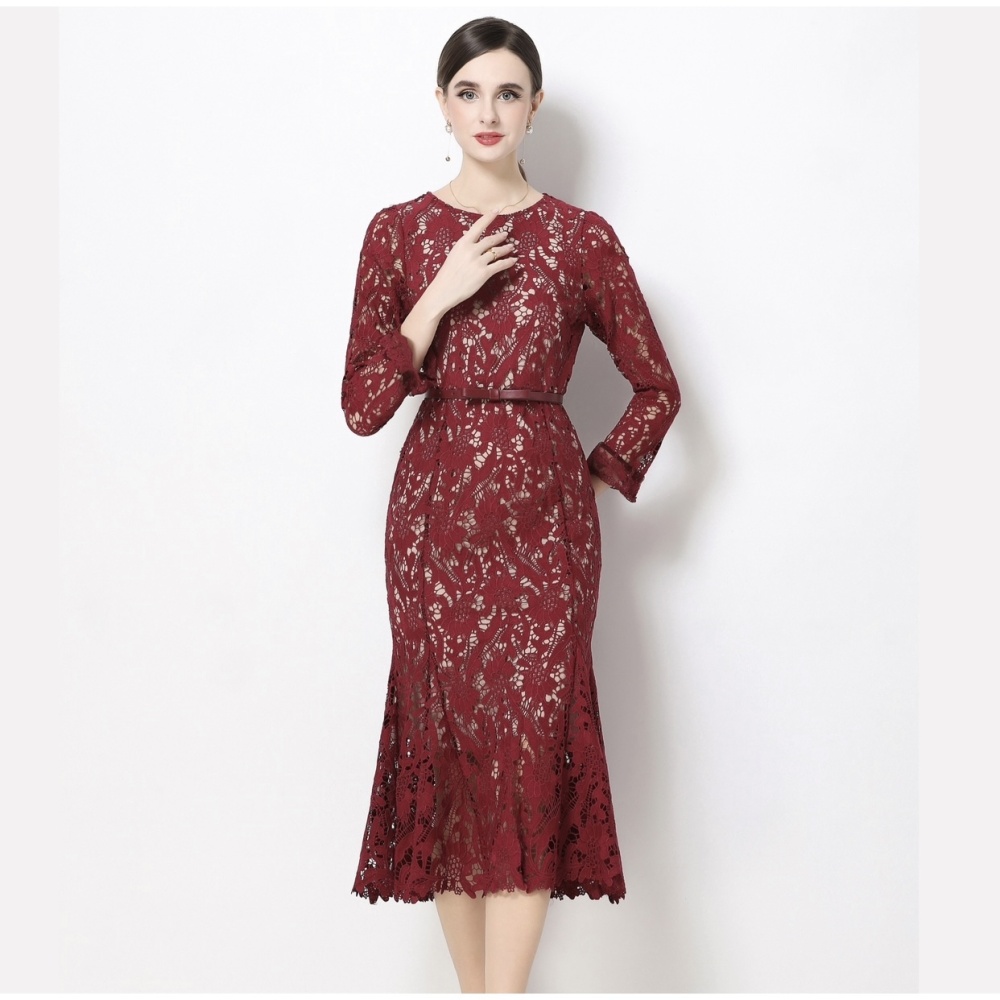 Pinched waist spring long dress lace dress for women