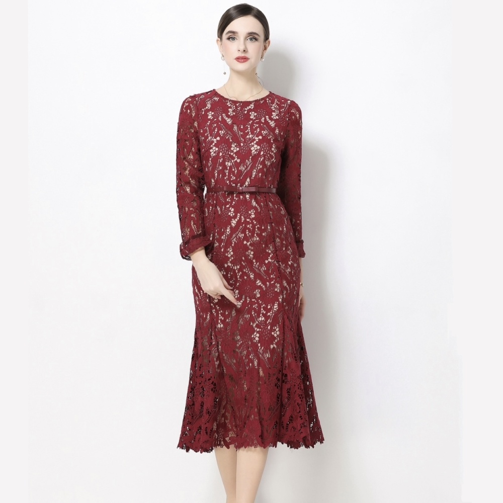 Pinched waist spring long dress lace dress for women