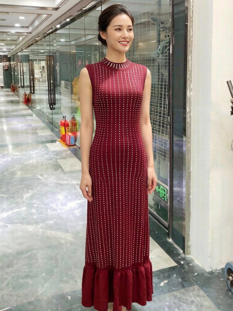 France style vest round neck long dress for women