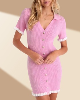 Hip slim summer knitted lotus leaf edges dress for women