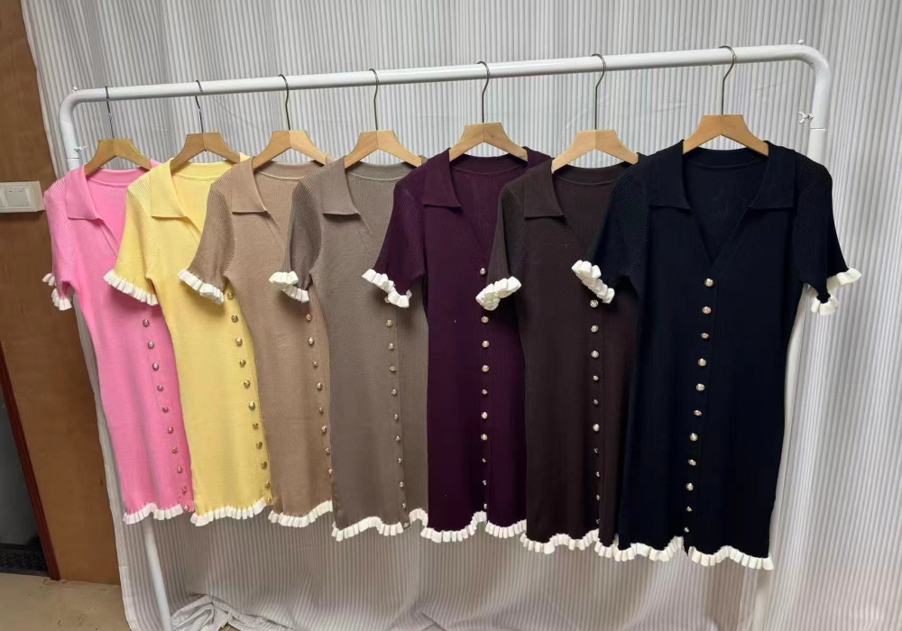 Hip slim summer knitted lotus leaf edges dress for women