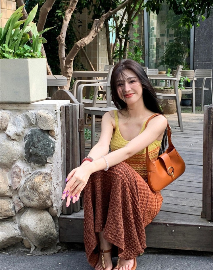 Knitted summer sling discolor seaside vacation fresh dress