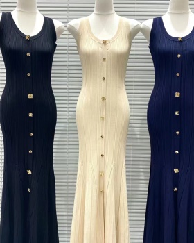 Split long summer knitted sleeveless pinched waist dress