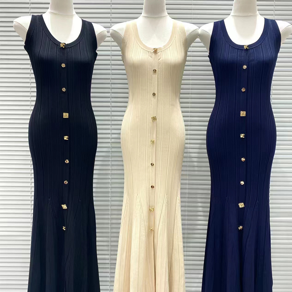 Split long summer knitted sleeveless pinched waist dress