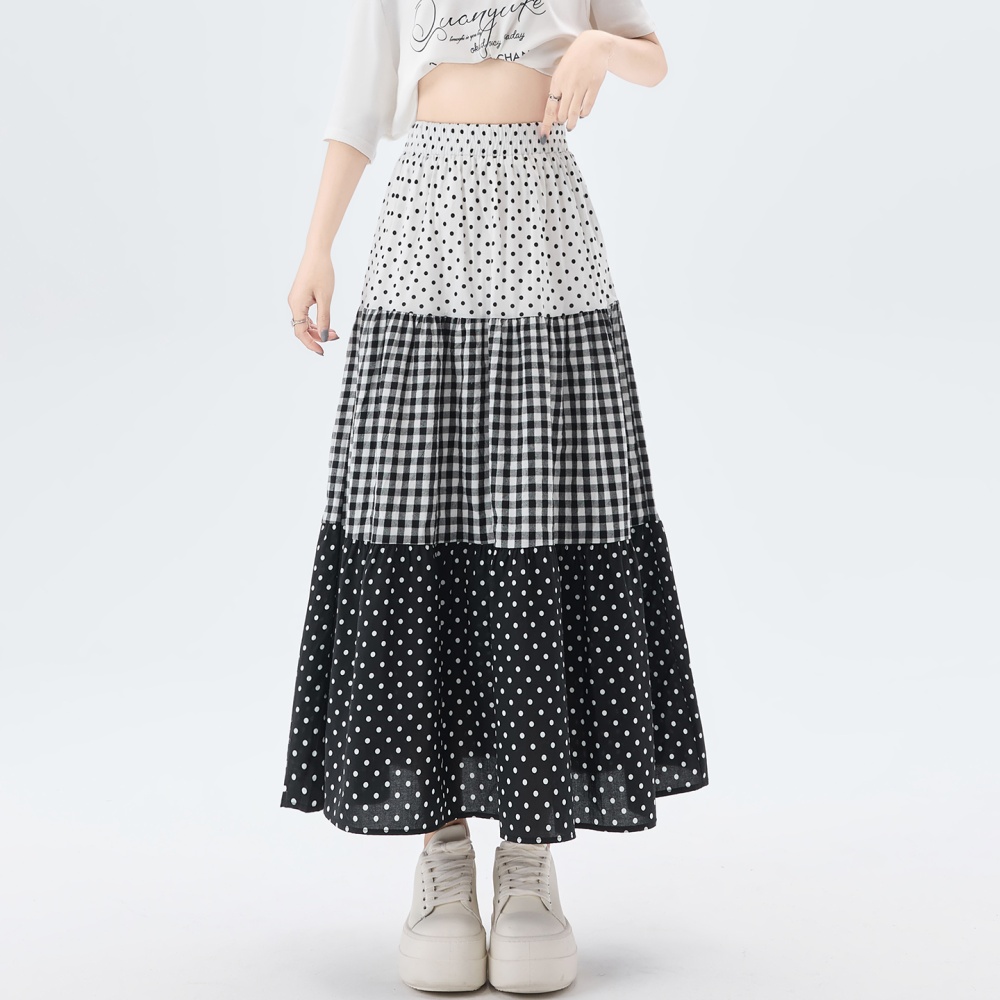 High waist splice cake A-line plaid polka dot skirt for women
