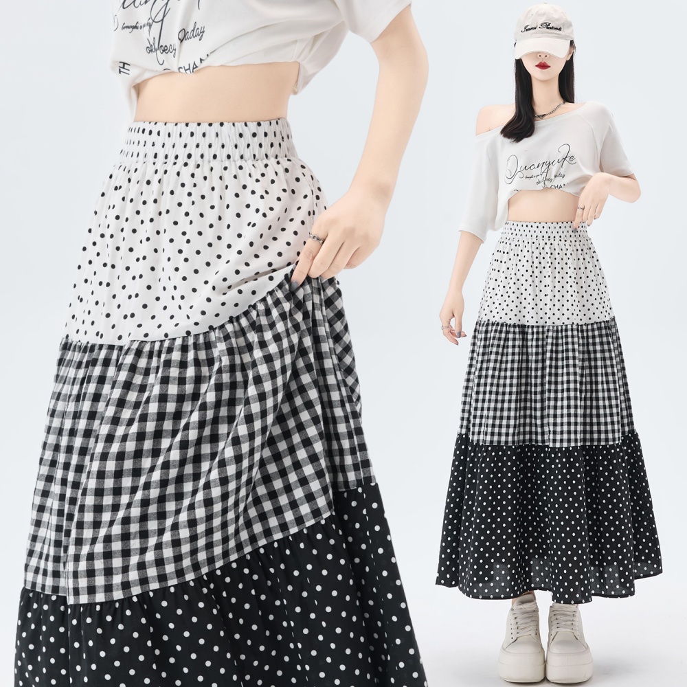 High waist splice cake A-line plaid polka dot skirt for women