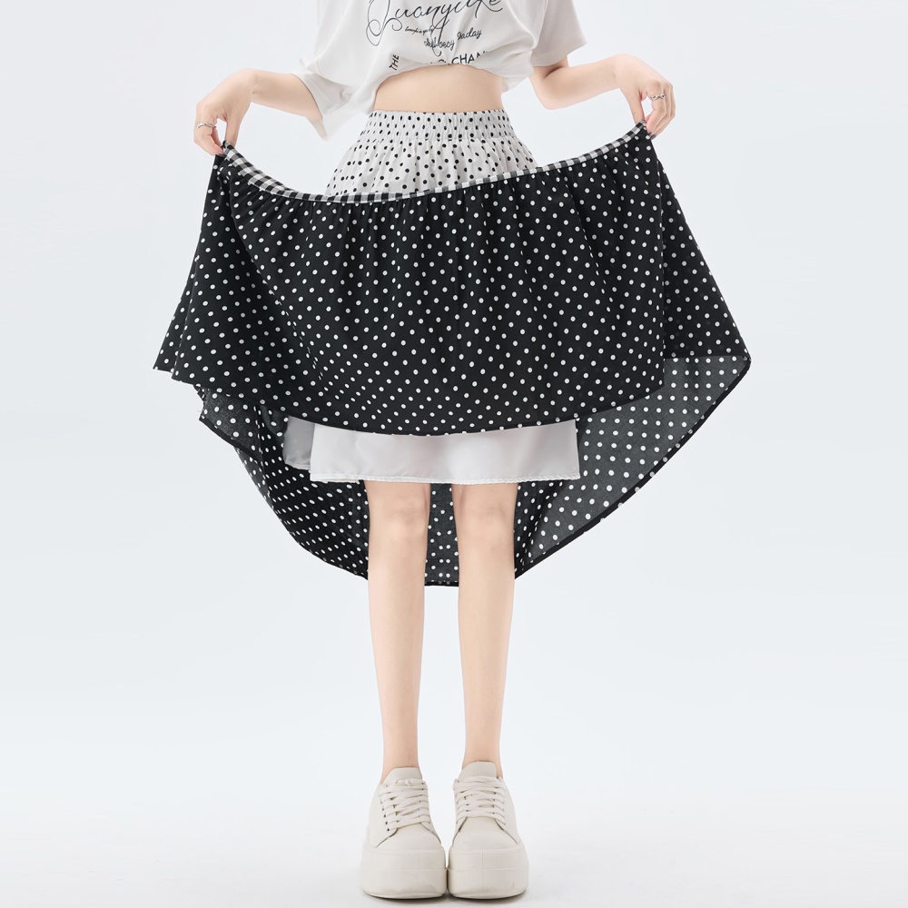 High waist splice cake A-line plaid polka dot skirt for women