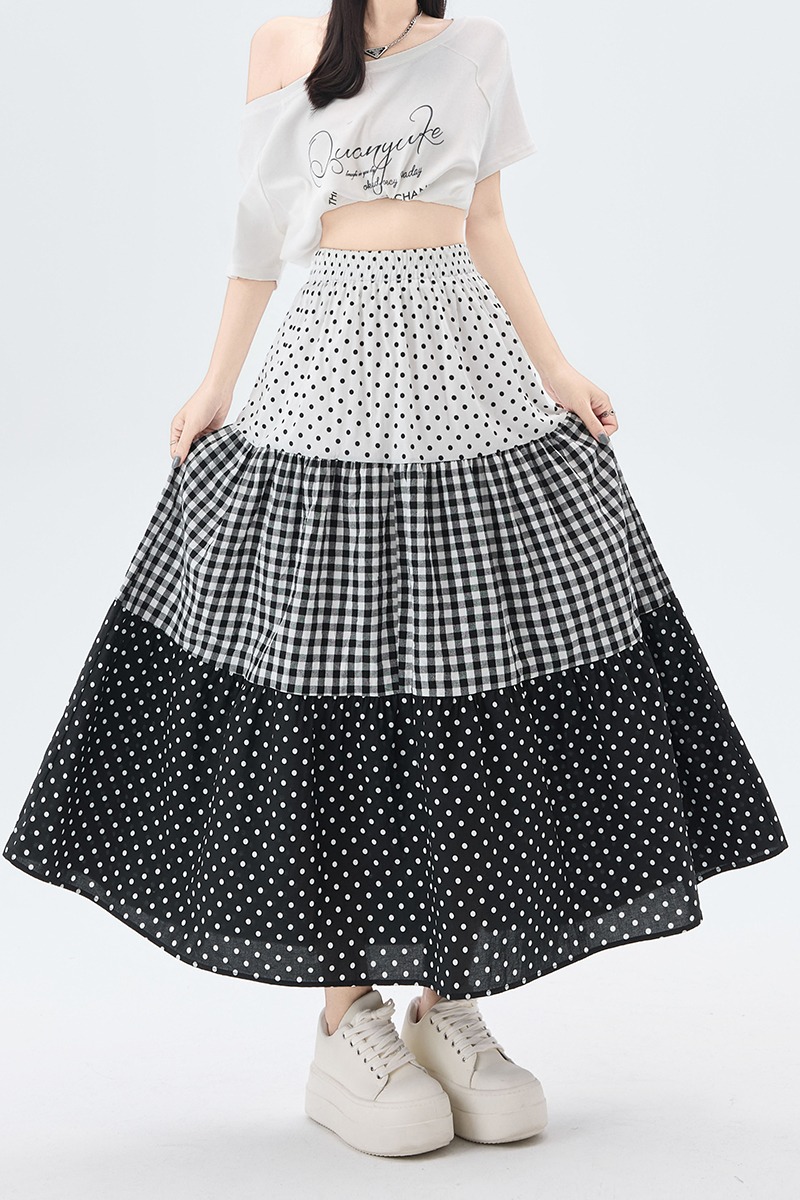 High waist splice cake A-line plaid polka dot skirt for women