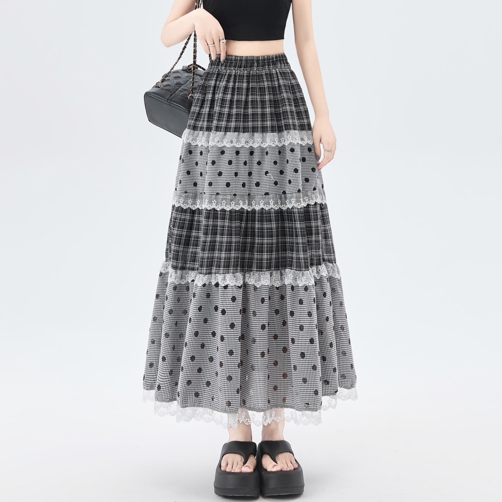 Summer polka dot plaid long dress retro cake lace skirt