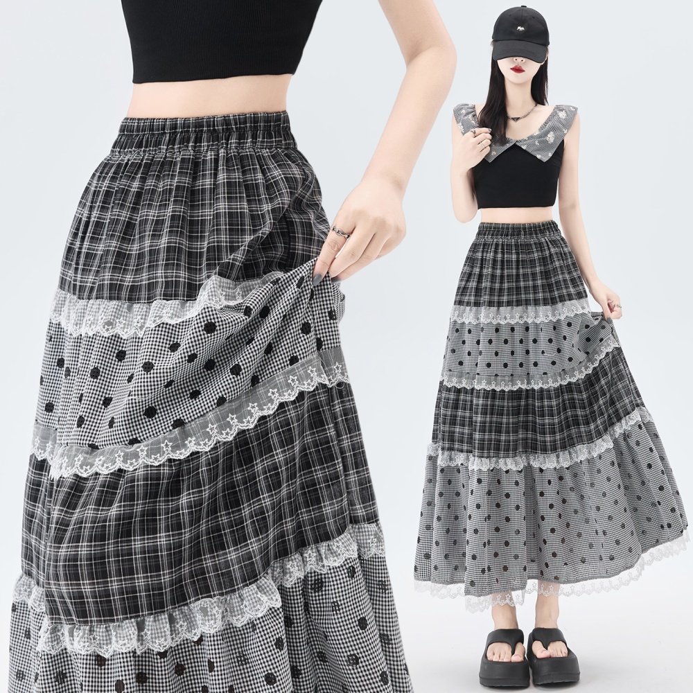 Summer polka dot plaid long dress retro cake lace skirt