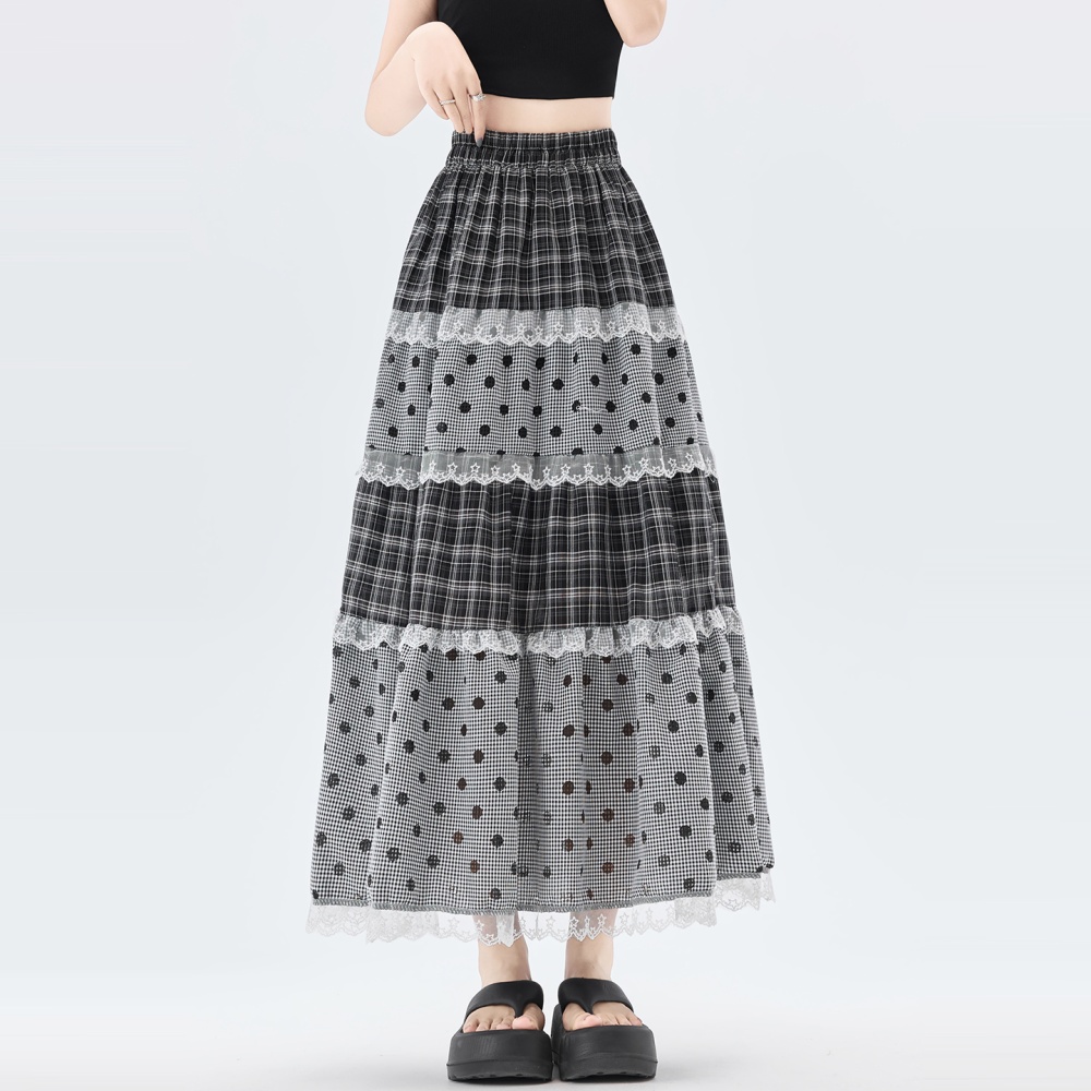 Summer polka dot plaid long dress retro cake lace skirt