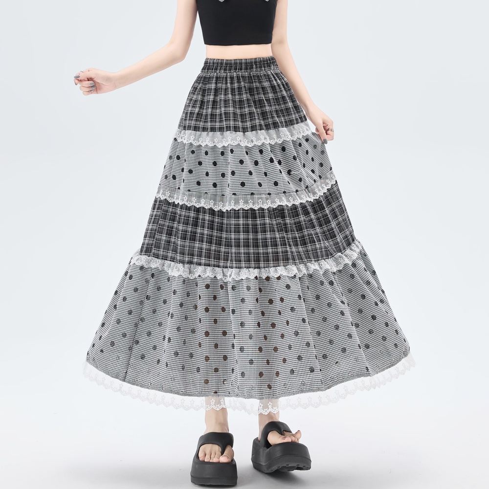 Summer polka dot plaid long dress retro cake lace skirt