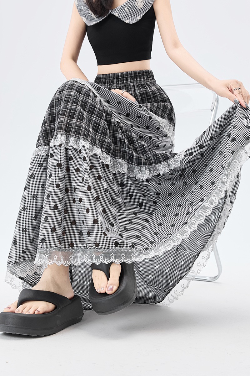 Summer polka dot plaid long dress retro cake lace skirt