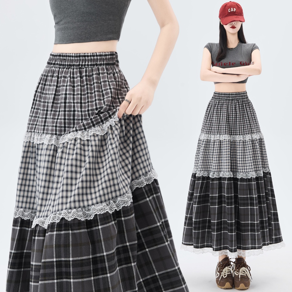 Cake lace A-line long dress elastic waist splice retro skirt