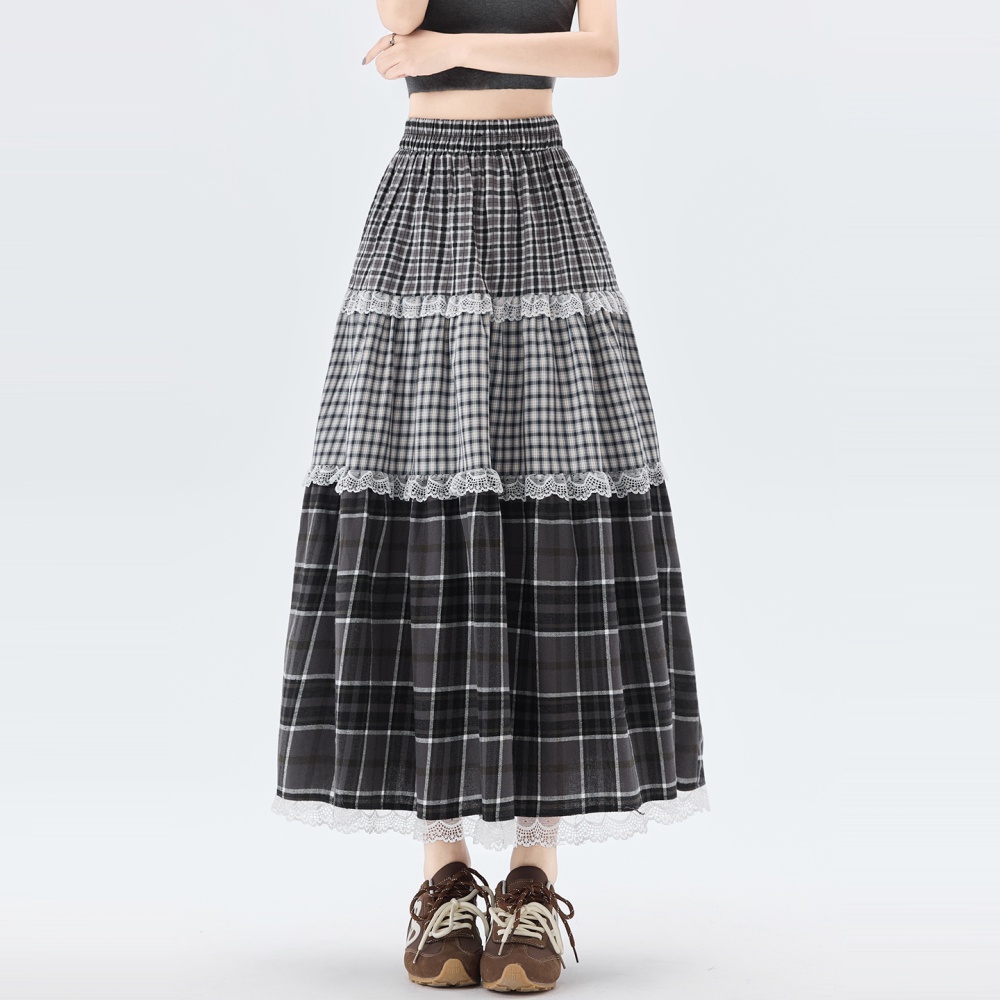 Cake lace A-line long dress elastic waist splice retro skirt