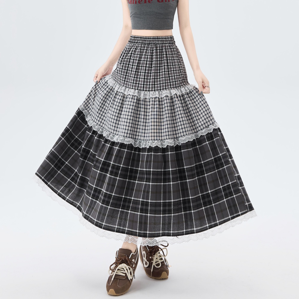 Cake lace A-line long dress elastic waist splice retro skirt