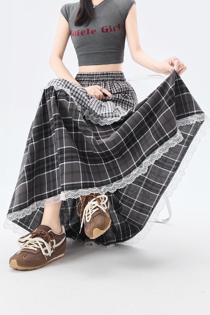 Cake lace A-line long dress elastic waist splice retro skirt