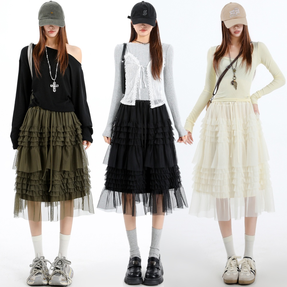 Cake splice wood ear gauze summer skirt for women
