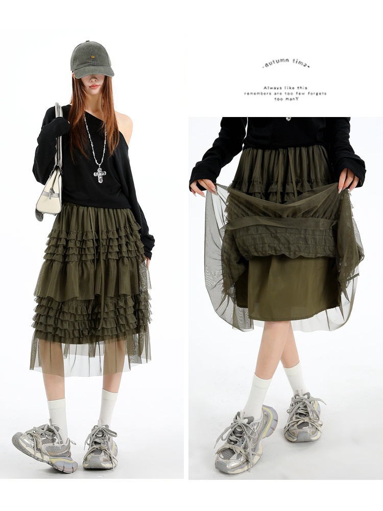 Cake splice wood ear gauze summer skirt for women