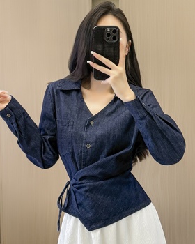 V-neck long sleeve shirt denim tops for women