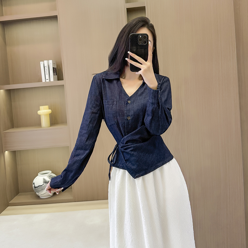 V-neck long sleeve shirt denim tops for women