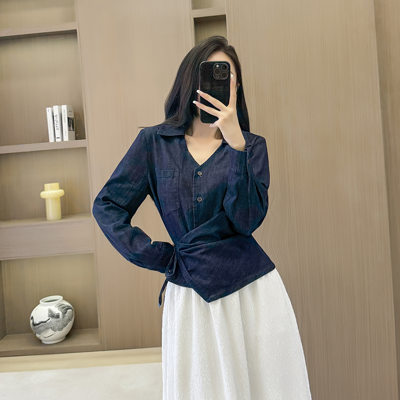 V-neck long sleeve shirt denim tops for women
