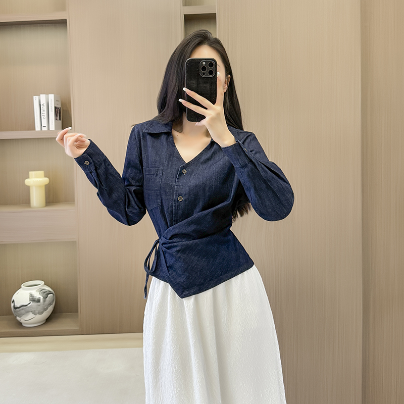 V-neck long sleeve shirt denim tops for women