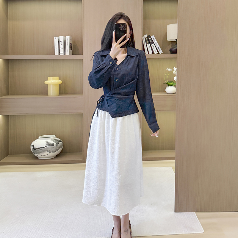 V-neck long sleeve shirt denim tops for women